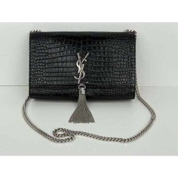 Saint Laurent Kate Tassel Croc-Embossed Leather Shoulder Bag in Black - Picture 2 of 16